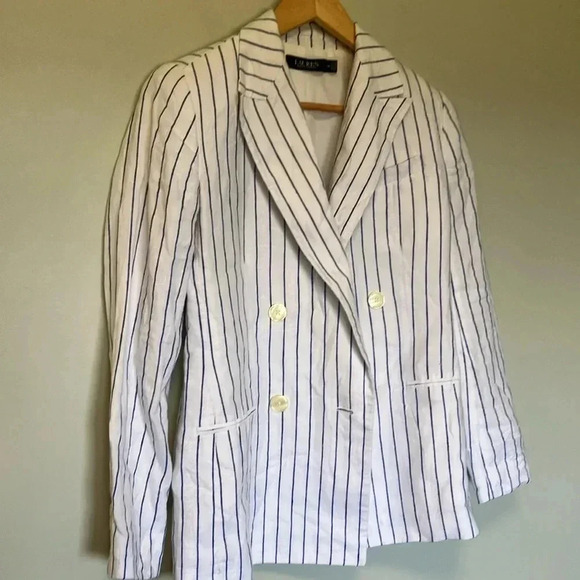 NWOT Ralph Lauren 100% linen white blue striped striped double breasted blazer - Picture 2 of 8